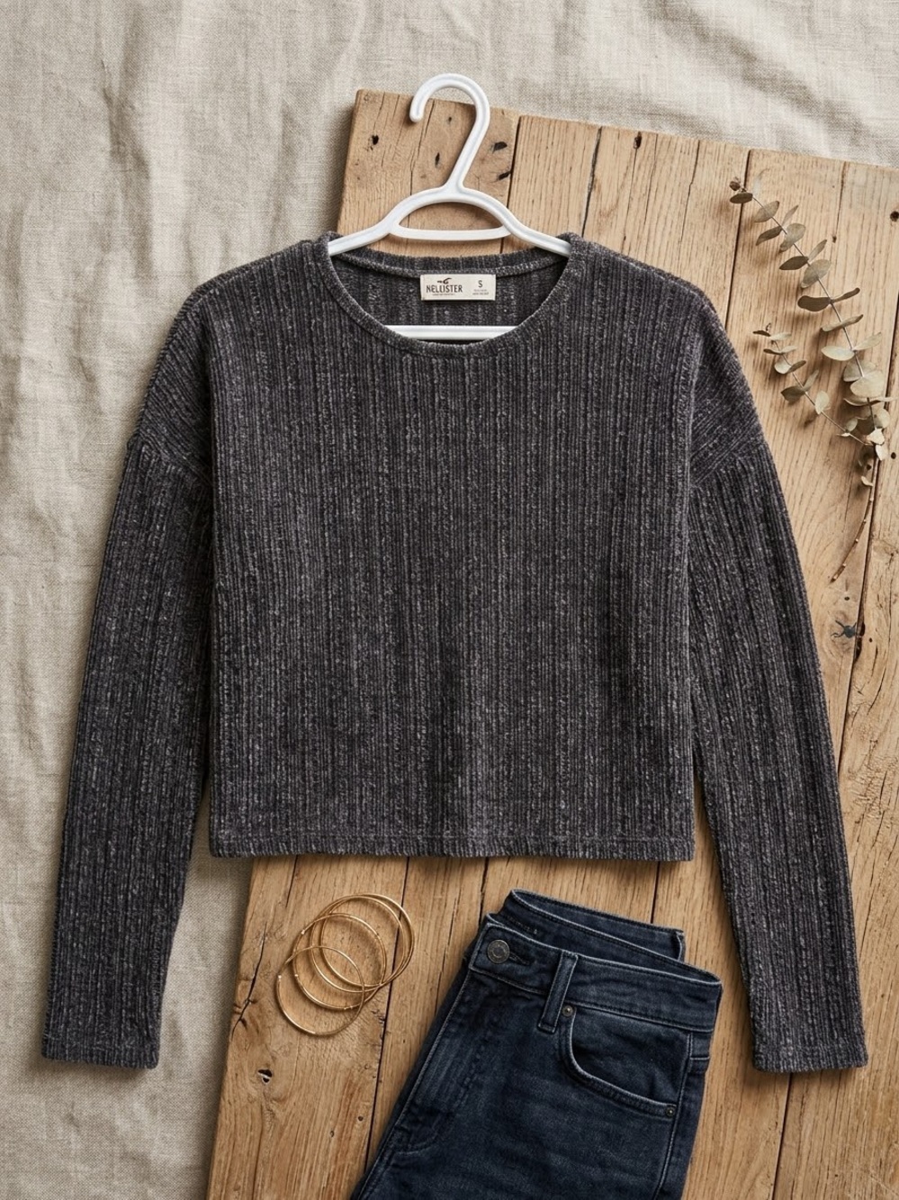 Hollister Charcoal Grey Ribbed Chenille Cropped Sweater M